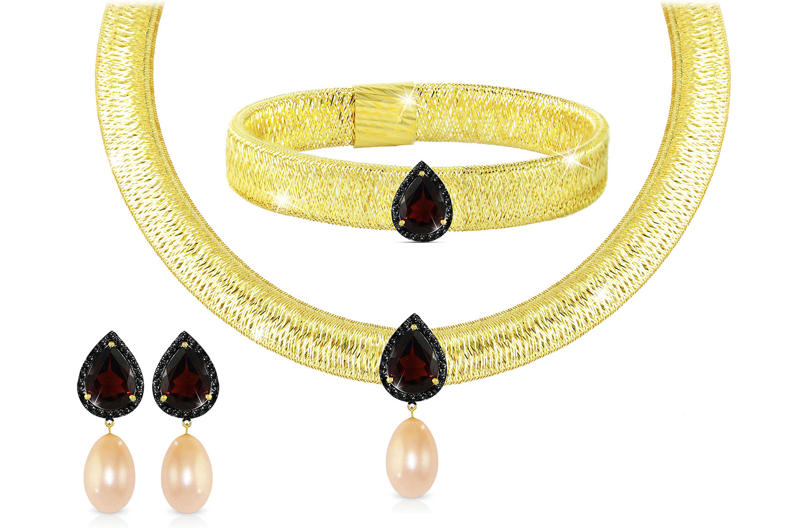 Vera Perla 18K Gold 0.48ct Black Diamonds, Garnet and 13mm Pink Pearl Jewelry Set - 3 pcs.